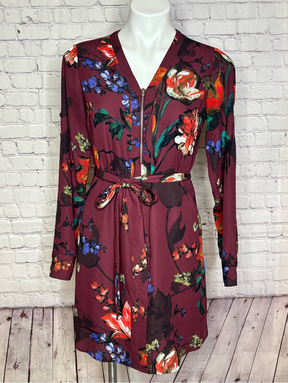 Express Maroon and Floral Long Sleeved Fall Dress Size XS